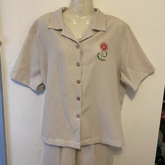 HABAND 2Piece Travel Lounge Set Top Pullon Capri LP Vintage Ivory Olive Striped - Picture 8 of 11